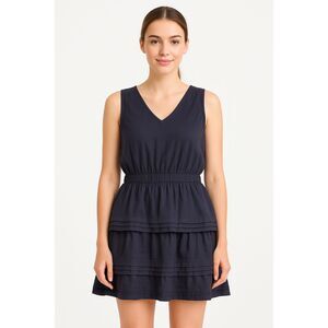 Avara Women's navy blue tiered mini dress size L party fit and flare holiday